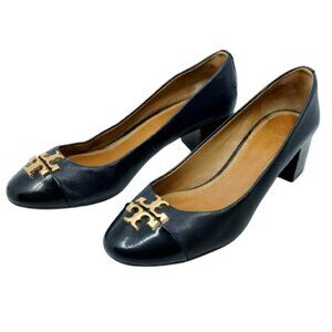 TORY BURCH~Everly Cap Toe~MID HEEL PUMP~BLACK NAPA LEATHER GOLD LOGO SIZE 8M